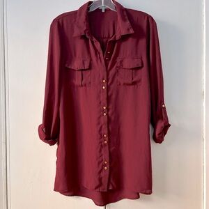 Charlotte Russe Burgundy Long Sleeve Button-up Blouse Tunic